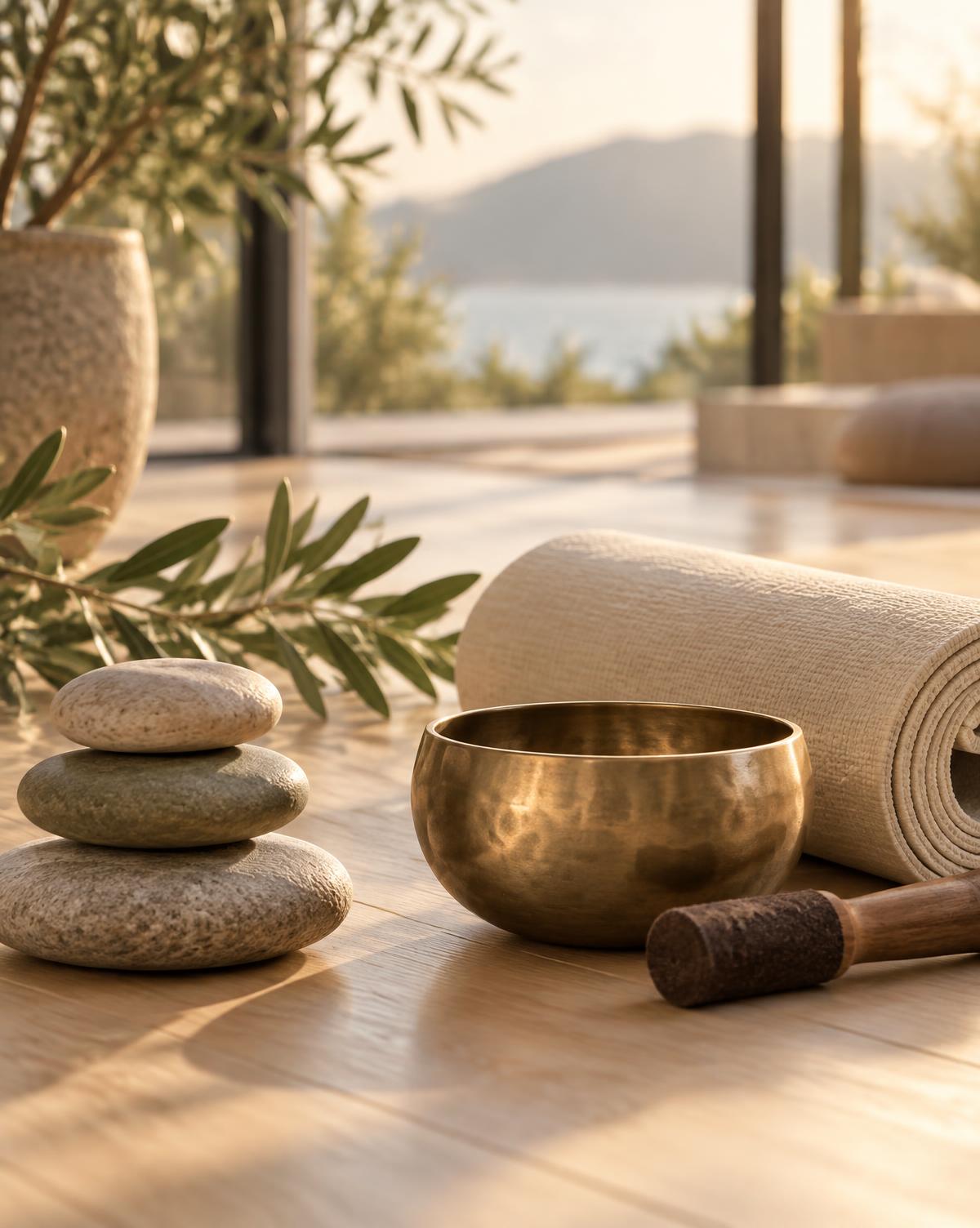 Stacked river stones, a brass singing bowl and a rolled linen mat in morning light
