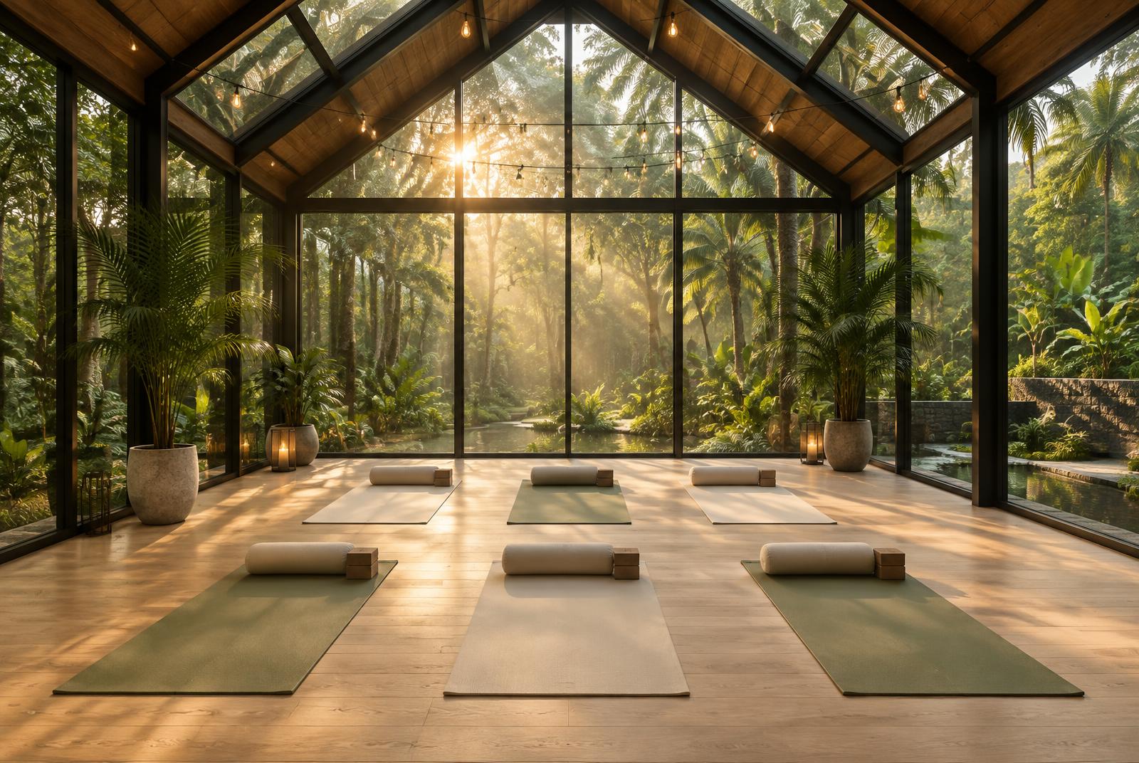 Inside the glass studio: timber roof beams, string lights and mats laid out above a lush garden