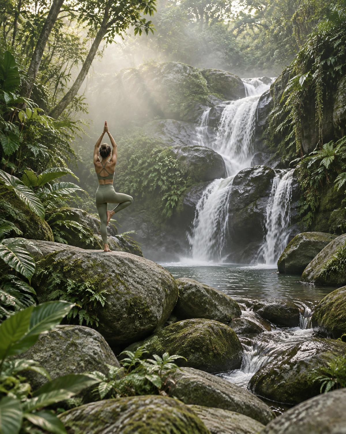 A woman in tree pose on mossy boulders beside a forest waterfall